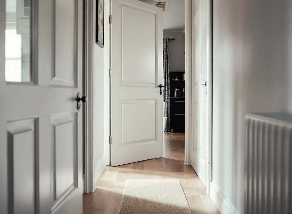 Een gang met witte paneeldeuren die openstaan naar de kamers, een eikenhouten vloer en een radiator aan de muur