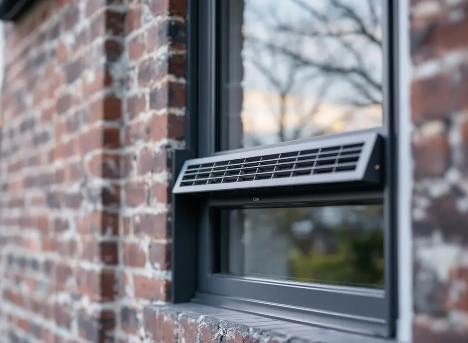 Een donkergrijs kozijn in een bakstenen muur, met een smal ventilatierooster dat op het glas zit en bomen die in de ruit spiegelen