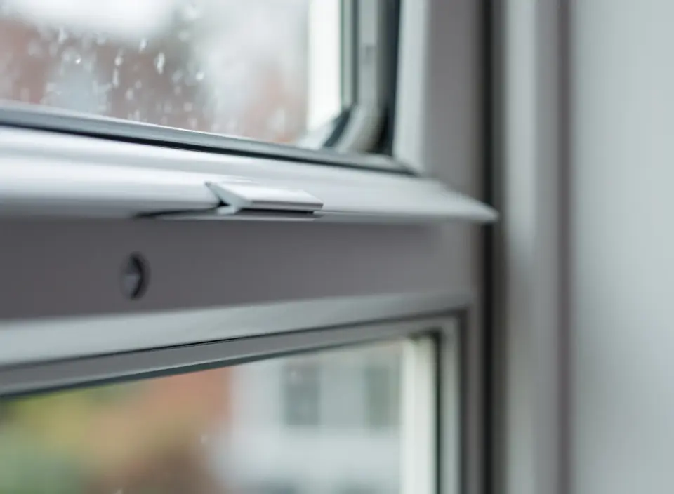 Close-up van een licht ventilatierooster bovenin een raam, met een klein schuifje en regendruppels op het glas