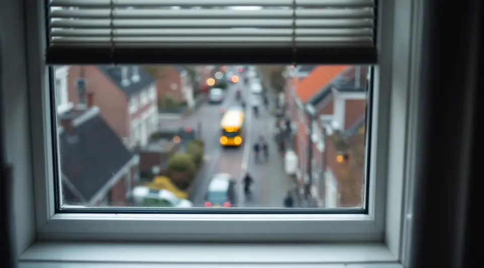Uitzicht vanaf een bovenverdieping op een drukke stadsstraat met een tram in de verte en fietsers, onscherp door het raam