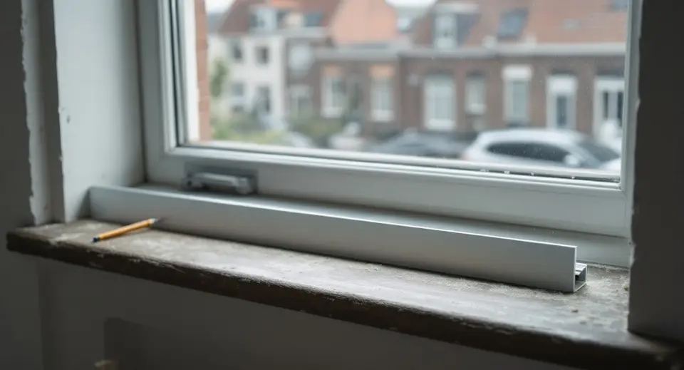 Een smal aluminium roosterprofiel en een potlood op de brede vensterbank van een oud raam, met wat zaagsel en huizen aan de overkant