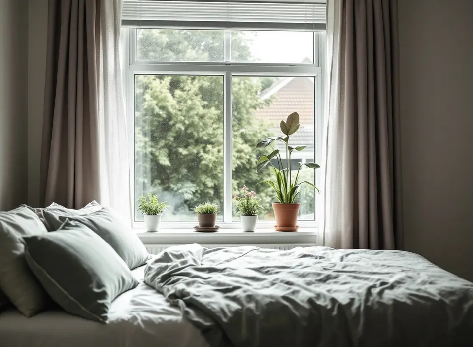 Een lichte slaapkamer met een opgemaakt bed in salie en wit linnen, een raam met witte kozijnen, planten op de vensterbank en gordijnen aan de zijkant