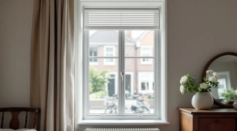 Een hoog raam met wit houten kozijn in een woonkamer, met bovenin het kozijn een lang licht ventilatierooster met smalle sleuven, een linnen gordijn en bakstenen huizen aan de overkant