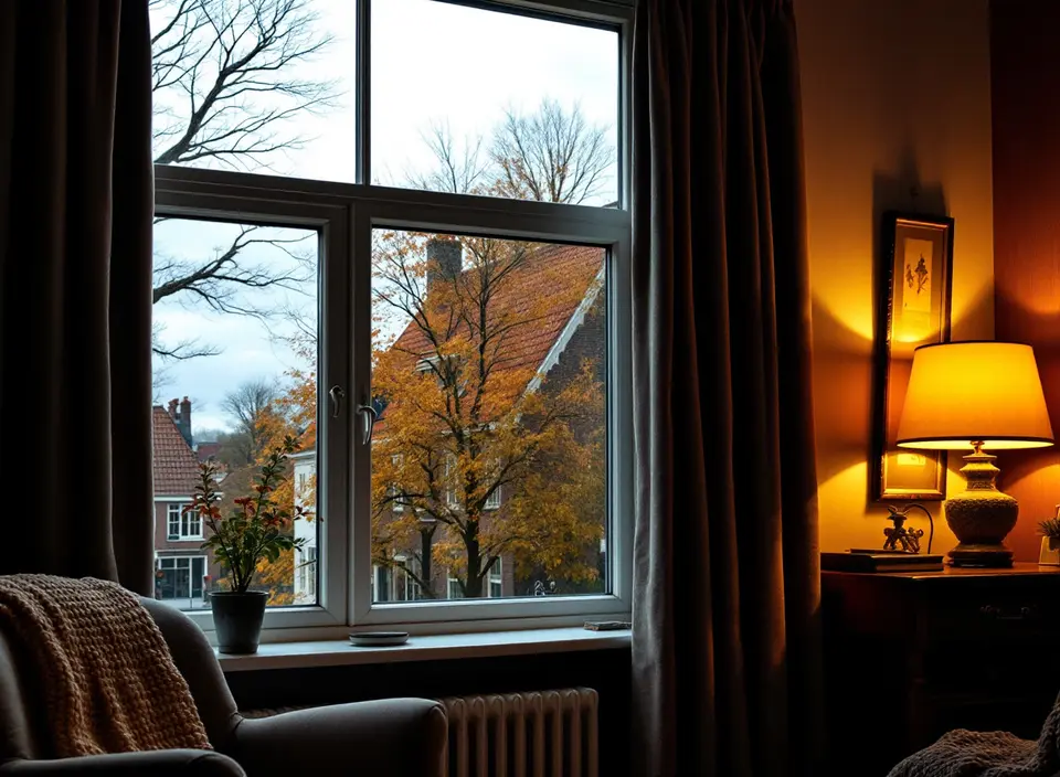 Een woonkamer op een winderige herfstdag, met zware gordijnen half dicht voor een raam en bomen die buigen in de wind, een lamp brandt binnen